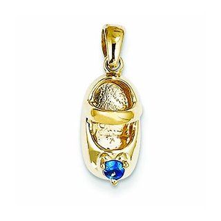 Genuine 14K Yellow Gold 3 D September/Sapphire Engraveable Baby Shoe Charm 1 .8 Grams Of Gold Clasp Style Charms Jewelry