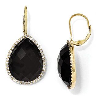 Sterling Silver Gold plated CZ & Black Onyx Leverback Earrings Dangle Earrings Jewelry