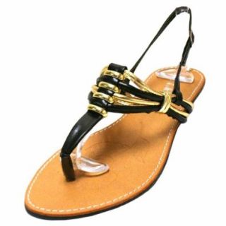 Luxury Divas Black & Gold Strappy Thong Ladies Flat Sandals Shoes