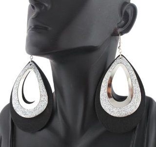 2 Pairs of Black with Silver Glitter Water Drop Style 3.5 Inch Dangle Earrings Jewelry