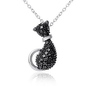 Sterling Silver Genuine Black Diamond Cat Pendant Necklace , 18" Jewelry