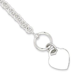 Sterling Silver Engraveable Heart Disc on Fancy Link Charm Bracelet Jewelry