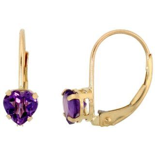 10k Gold Leverback Heart Earrings w/ 5mm February Birthstone ( Natural Amethyst Stone ), 9/16 in. (14mm) tall Dangle Earrings Jewelry