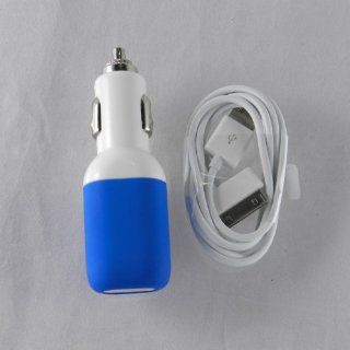White/Blue USB Car Charger w/ USB cable for iPhone 4S 4 3GS also can be charge w/Otterbox Case on Cell Phones & Accessories