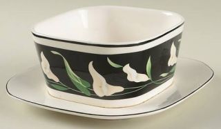 Sango Black Lilies (Quadrille) Gravy Boat with Attached Underplate, Fine China D