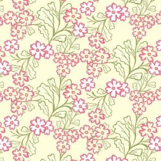 Roo quilt fabric by In the Beginning Fabrics, Pink flowers with green leaves on a white background