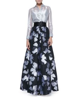 Carmen Marc Valvo Long Sleeve Sheer Metallic Blouse & Pleated Floral Print Ball Skirt