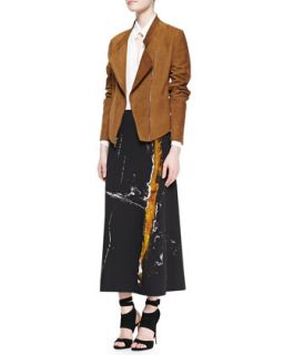 Donna Karan Asymmetric Zip Suede Jacket, Long Sleeve Blouse & Painterly Printed Midi Pull On Skirt
