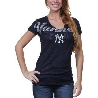 New York Yankees Ladies Burnout Logo V Neck T Shirt   Navy Blue