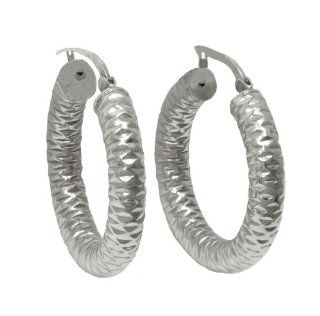 Textured Round Tube Rhodium Plate Sterling Silver Earrings Made in Italy Hoop Earrings Jewelry