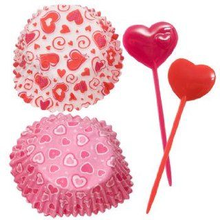 18 Valentine's Day Cupcake Baking Cups with 18 Pink & Red Plastic Heart Picks (Design may vary between pink with hearts and red hearts on white background) Kitchen & Dining