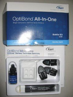 Kerr Optibond All in one, Bottle Kit   Single component Light cure Self etch Adhesive, Contains 1 Bottle of Adhesive (5 Ml), 3 Unidose Devices (0.18 Ml Each), 50 Kerr Applicators 25 Disposable Mixing Wells Directions and Technique Card  