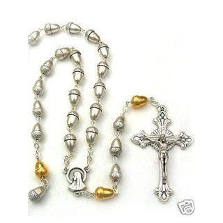 Imported Italian 925 St Sterling Silver Gold Plated Acorn Prayer Beads Catholic Patron Saint Rosary 7mm Polished With Silver Links Accented with Gold Plated Our Father Beads Contains a Lady of Lourdes Center with an Engraving of Jesus Christ on the Reverse