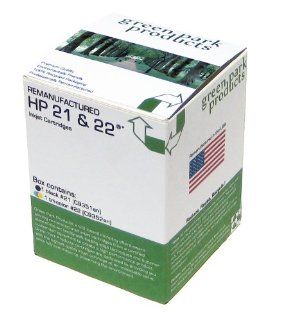 Green Park Products HP 21 & 22 Premium Remanufactured Ink Cartridges. The Box Contains 1 HP 21 (C9351) Black and 1 HP 22 (C9352) Tri Color Inkjet Cartridges.