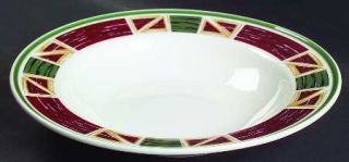 Tienshan Prairie Rim Soup Bowl, Fine China Dinnerware   Green,Red Geometric Band