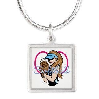 Cute Softball Girl Silver Square Necklace by FamilyEmporium