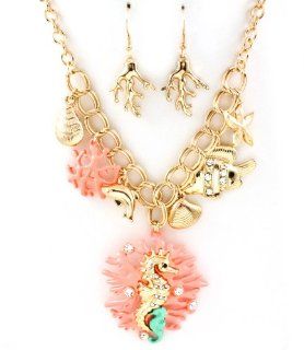 Coral Reef and Seahorse Charm Pendant Necklace and Earring Set Chain Necklaces Jewelry