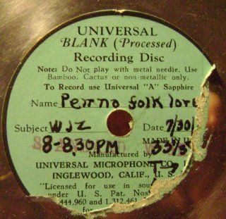 Pennsylvania Folklore, Station WJZ Aircheck 1930s Aluminum Transcription. Music