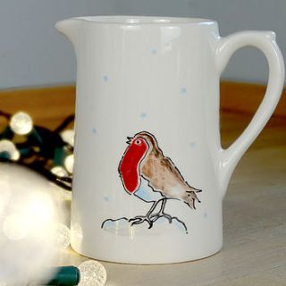 hand painted farmhouse christmas robin jug by fired arts and crafts