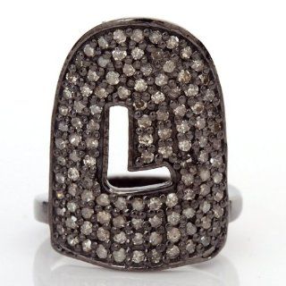 L  Initial Letter Mid Finger Diamond Pave Ring Silver Fashion Jewelry Jewelry