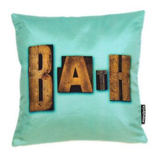 mint 'bath' wooden lettering silk cushion by judy holme