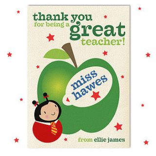 personalised thank you teacher girlbug card by joanne holbrook originals