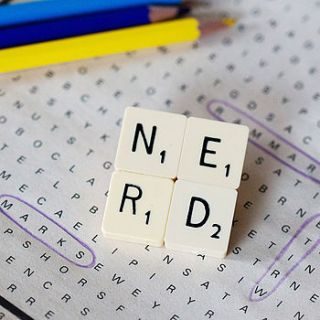 'nerd' vintage scrabble tile brooch by bookish england