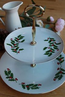 christmas holly two tier cake stand by teacup candles