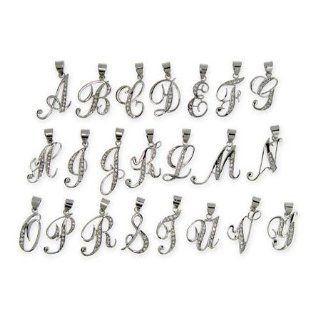 Sterling Silver Cubic Zirconia Cursive Initials Letter F (capital) Pendant Necklaces Jewelry