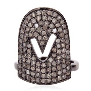V  Initial Letter Diamond Pave Mid Finger Ring Silver Women's Jewelry Jewelry