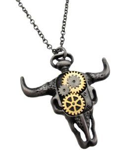 Steampunk Style Buffalo Skull Two Tone Pendant and Necklace Jewelry