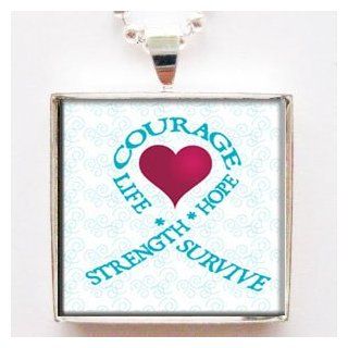 Strength Hope Courage Live Survive Teal Ovarian Cancer Ribbon Glass Tile Pendant Necklace with Chain Jewelry