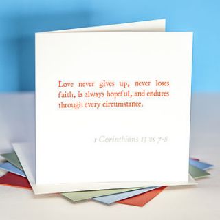 'love never gives up' bible verse card by belle photo ltd