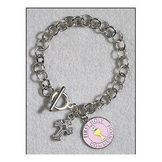 First Communion Bracelet with Cute Pink Charm of the Holy Eucharist    Lead free Zinc Alloy, Enamel  Baby Photo Albums  Baby