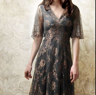 cathleen dress in green and gold lace by nancy mac