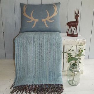 ' antler ' cushion and sky blue wool throw by rustic country crafts
