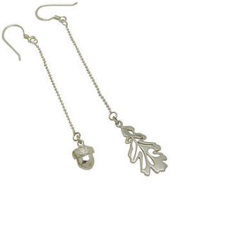 oak and acorn mismatched chain drop earrings by harriet bedford