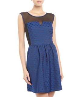 Lace and Mesh Pleated Dress, Cobalt/Black