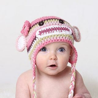 pink child's handmade sock monkey hat by ruby & custard