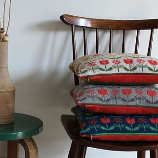 knitted lambswool tulips and daisys cushion by sally nencini