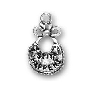 Sterling Silver 3D Baby Bib With Words Spit Happens Charm Jewelry