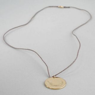 gold feather coin thread necklace by lindsay pearson
