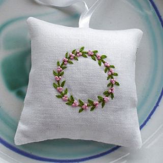 hand embroidered spring wreath lavender bag by caroline watts embroidery
