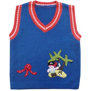 knitted v neck jumper with pirate applique by lola smith designs