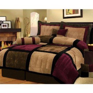 Chezmoi Collection 7 Piece Solid Micro Suede Patchwork Duvet Cover Set, Queen, Brown/Burgundy/Black   Red Duvet Cover Queen