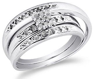 10K White Gold Diamond Mens and Ladies Couple His & Hers Trio 3 Three Ring Bridal Matching Engagement Wedding Ring Band Set   Square Princess Shape Center Setting w/ Channel Set Round Diamonds   (.07 cttw)   SEE "PRODUCT DESCRIPTION" TO CHOOS