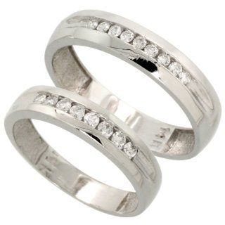 14k White Gold 2 Piece His (4.5mm) & Hers (4mm) Wedding Band Set, w/ 0.62 Carat Brilliant Cut Diamonds, (Men's Size 9 to 12); Ladies' Size 6 Jewelry