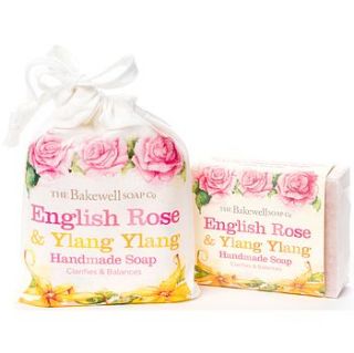 rose and ylang ylang natural soap in gift bag by the bakewell soap company