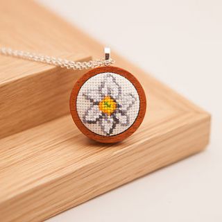 hand embroidered daffodil necklace by handstitched with love