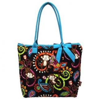 Cute Monkey Print Quilted Large Stripe Ribbon Tote Bag Turquoise Clothing